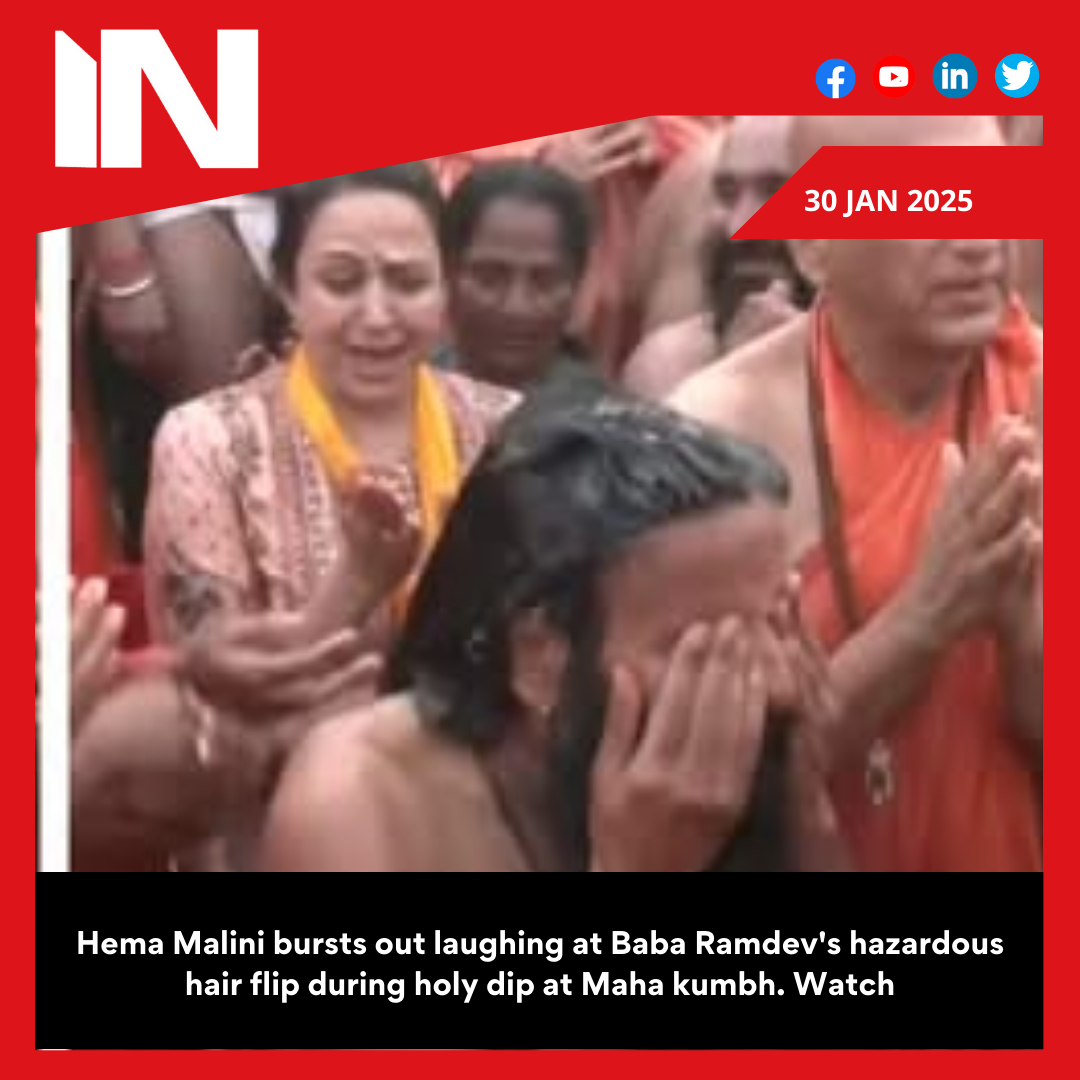 Hema Malini bursts out laughing at Baba Ramdev’s hazardous hair flip during holy dip at Maha kumbh. Watch